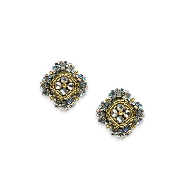 Classic silver spiral earrings for ladies -MIGUEL ASES - PYRITE MIYUKI STUD EARRINGS