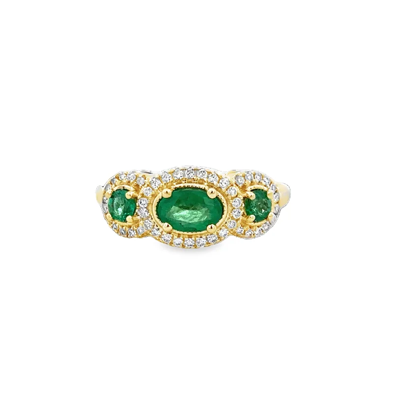 Simple diamond arch engagement rings for women -Emerald and Diamond Three Stone Ring in Yellow Gold