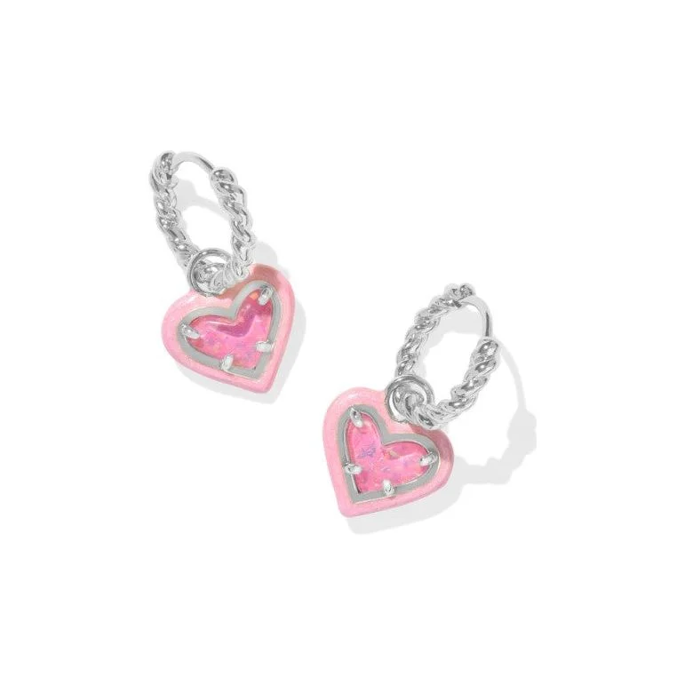 Simple rose gold arch earrings -Kendra Scott Ari Heart Enamel Frame Huggies in Pink Iridescent Glitter Glass