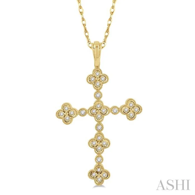 Ladies minimalist rose gold necklaces -1/8 Ctw Floral Cross Round Cut Diamond Pendant With Link Chain in 10K Yellow Gold