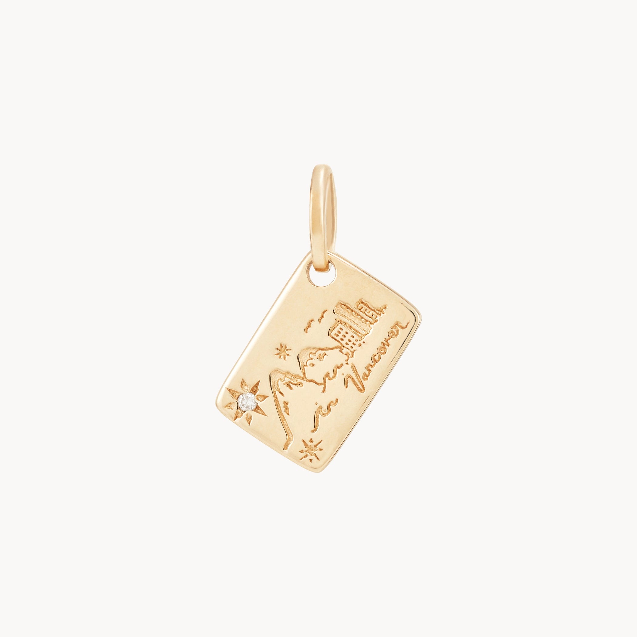 Ladies curved gold engagement rings -vancouver postcard charm - 10k yellow gold, brilliant diamond