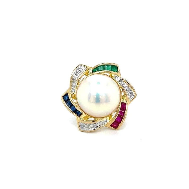 Ladies mixed gemstone engagement rings -Estate 14K Yellow Gold 14.5mm Mabe Pearl, Gemstone & Diamond Halo Star Ring