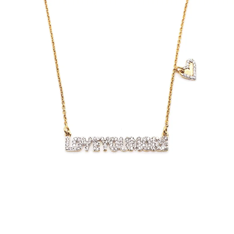 Ladies bold silver statement necklaces -Love You More Bar Necklace in White Diamond & 14K Gold