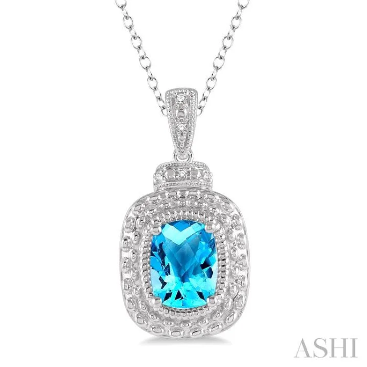 Vintage-inspired turquoise necklaces for ladies -1/50 Ctw Cushion Shape 8x6mm Blue Topaz & Round Cut Diamond Semi Precious Pendant With Chain in Sterling Silver