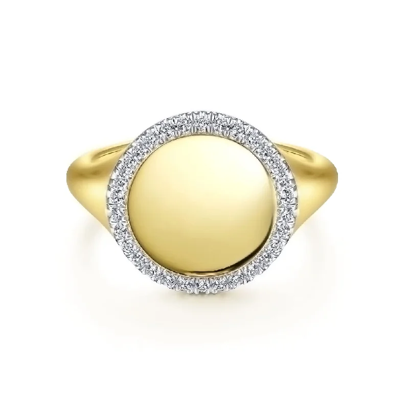 Ladies classic pearl twist engagement rings -14K Yellow Gold Pinky Signet Ring with Diamond Halo