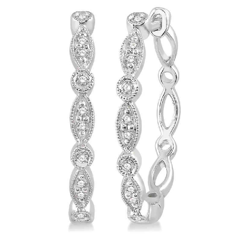 Vintage crystal petal earrings for women -10K White Gold Marquise And Circle Motif Diamond Hoop Earrings