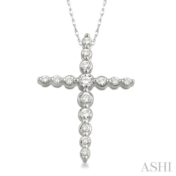 Ladies bold diamond tassel necklaces -1/4 Ctw Round Cut Diamond Journey Cross Pendant in 14K White Gold with Chain