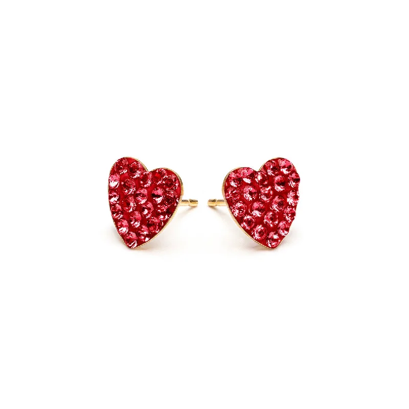 Classic gold vine stud earrings for ladies -Red Pave Heart Earrings Gold Plated