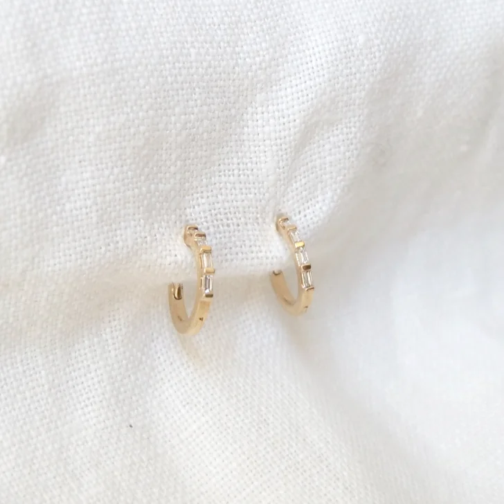 Simple rose gold arch earrings -Baguette Diamond Clicker Hoops