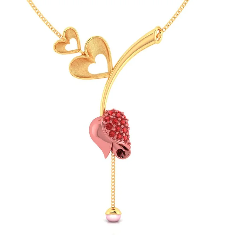 Modern rose gold tassel necklaces for women -18k Gold Necklace With Double Hearts On A Stone-studded Tulip And A Pearl Drop