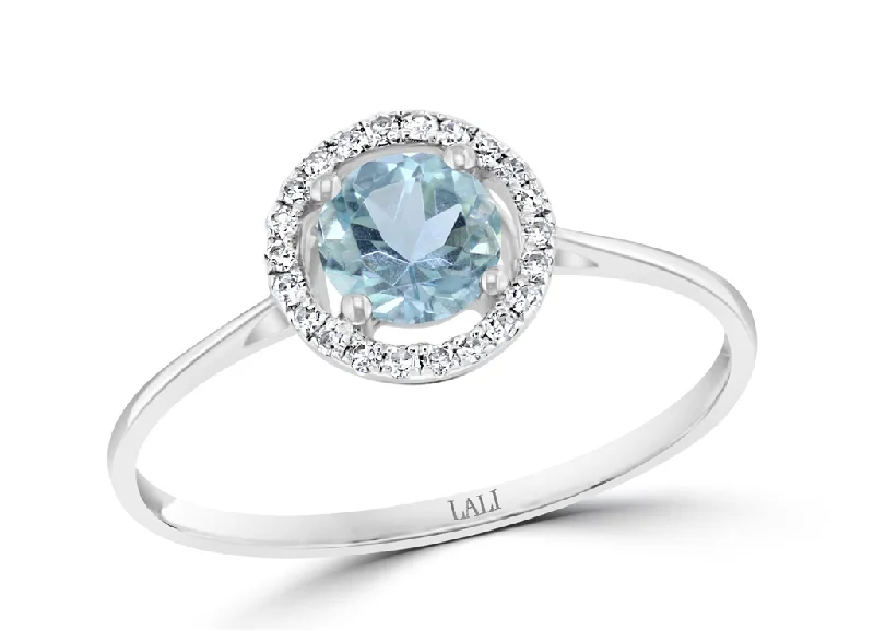 Classic pearl halo engagement rings for women -14K White Gold 0.52ctw Round Aquamarine & Diamond Halo Ring