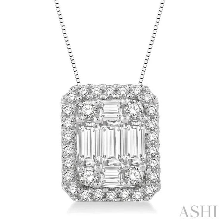 Ladies asymmetrical gemstone necklaces -3/4 Ctw Octagonal Baguette & Round Cut Diamond Pendant With Box Chain in 14K White Gold