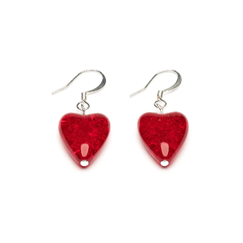 Elegant gold petal earrings for women -Red Crackle Glass Heart Earrings