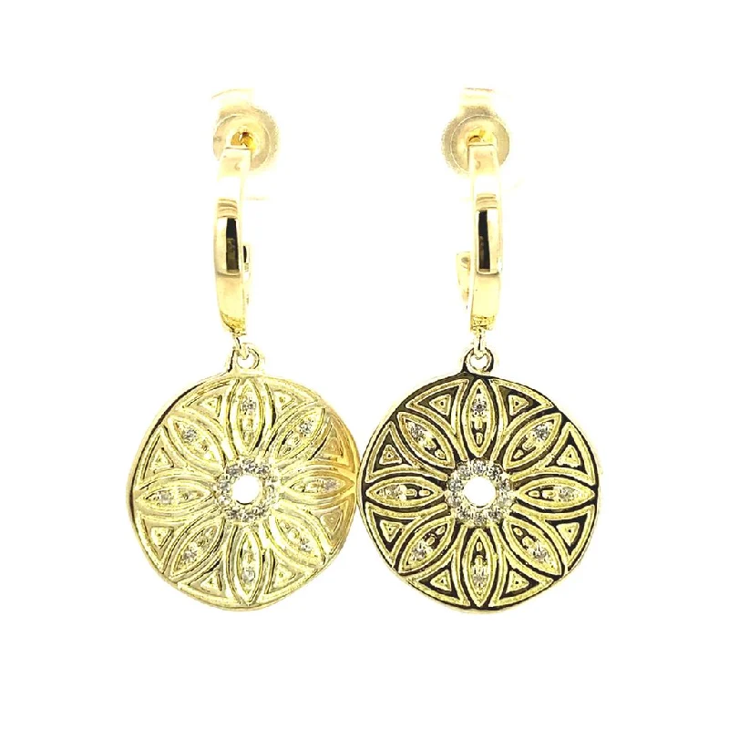 Elegant gold petal earrings for women -14K Yellow Gold Overlay Flower Medallion Huggie Earrings