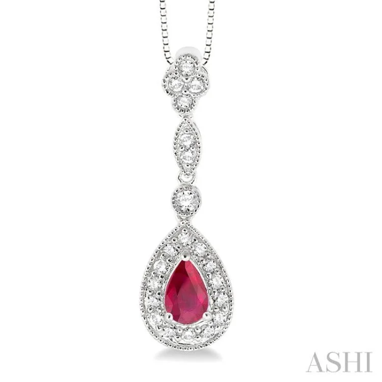 Ladies bold silver statement necklaces -6x4MM Pear Shape Ruby and 1/4 Ctw Round Cut Diamond Pendant in 14K White Gold with Chain