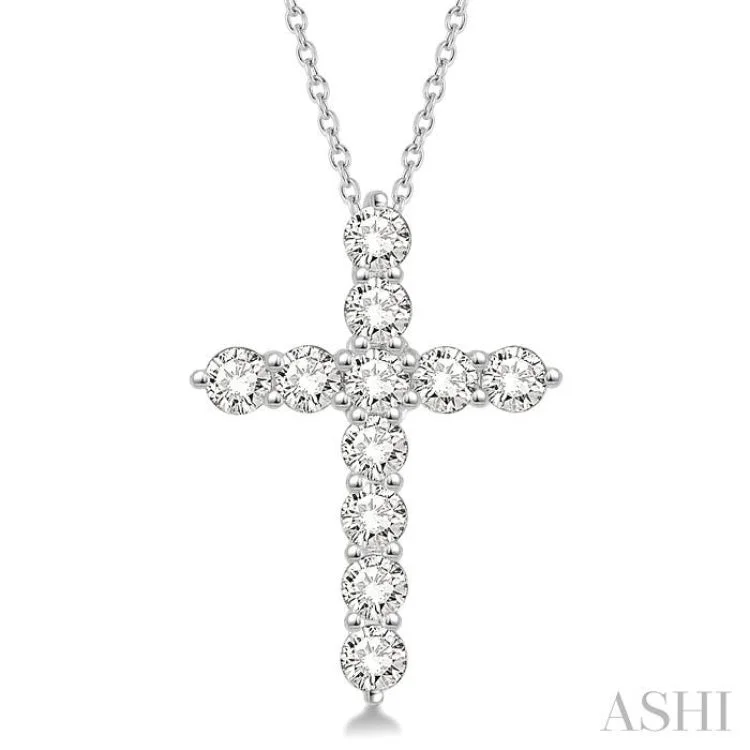 Ladies colorful birthstone necklaces -1 1/2 Ctw Round Cut Diamond Cross Pendant in 14K White Gold with Chain