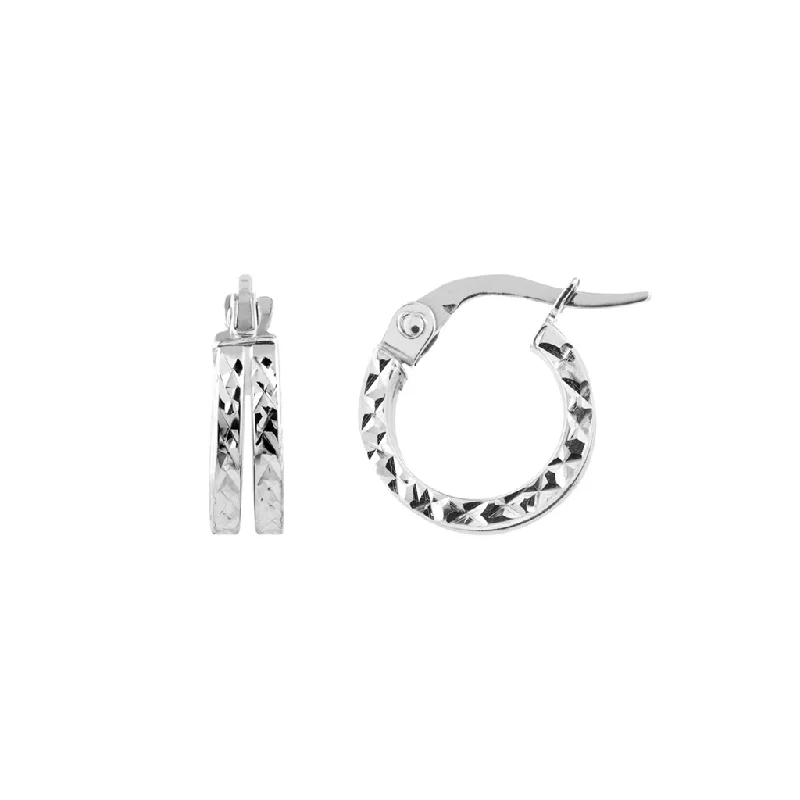 Ladies lightweight swirl earrings -14K White Gold Mini Diamond Cut Double Row Hoop Earrings