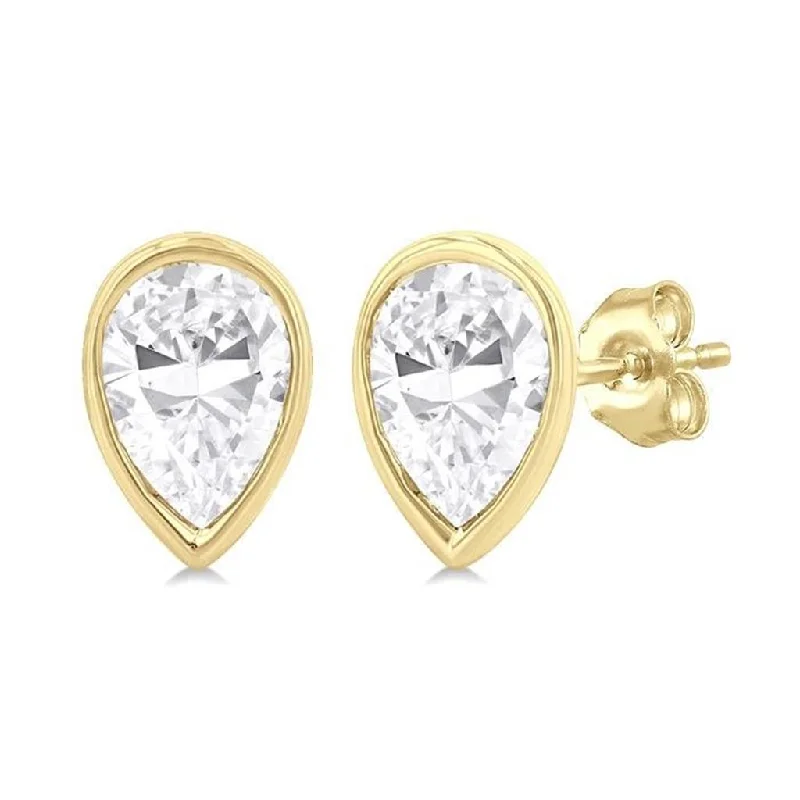 Modern diamond vine earrings -10K Yellow Gold Bezel Set Pear Shape Stud Diamond Earring