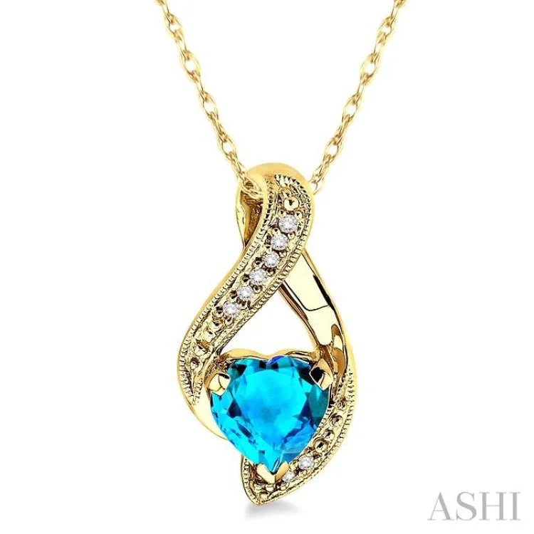 Ladies boho-inspired moonstone necklaces -7mm Heart Shape Blue Topaz and 1/20 Ctw Single Cut Diamond Pendant in 14K Yellow Gold with Chain