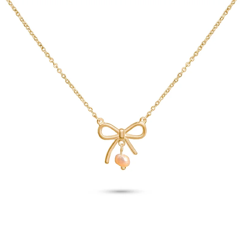 Ladies oversized gold pendant necklaces -Bow Pearl Necklace