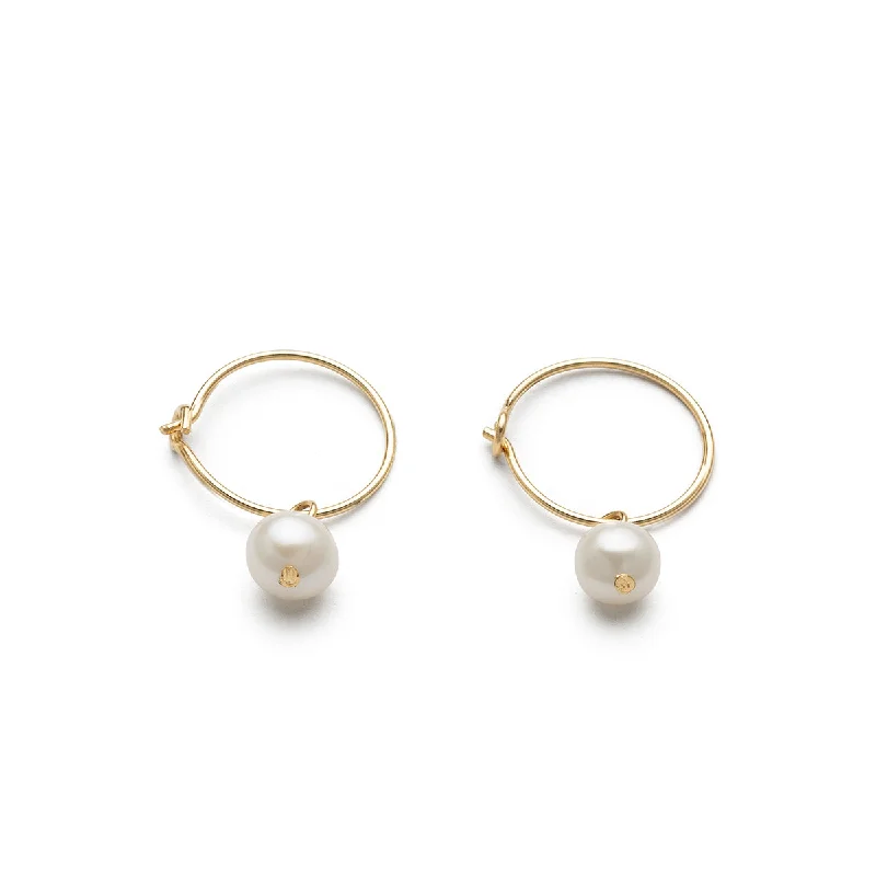 Ladies shimmering quartz hoop earrings -14k Yellow Gold Pearl Charm 12 mm Hoop Earrings