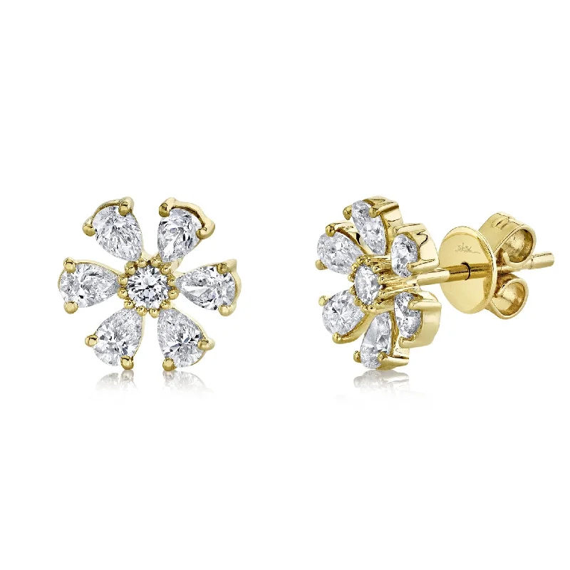 Ladies bold vine hoop earrings -Pear Shape Diamond Flower Stud Earrings