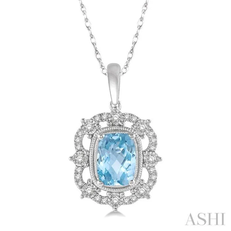 Ladies delicate floral chain necklaces -1/5 Ctw Cushion Cut 8x6mm Aquamarine & Round Cut Diamond Semi Precious Pendant With Chain in 10K White Gold