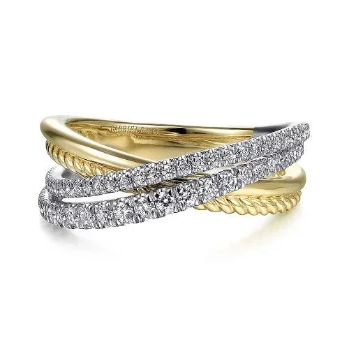 Modern silver vine engagement rings -14K White-Yellow Gold Twisted Rope and Diamond Criss Cross Ring