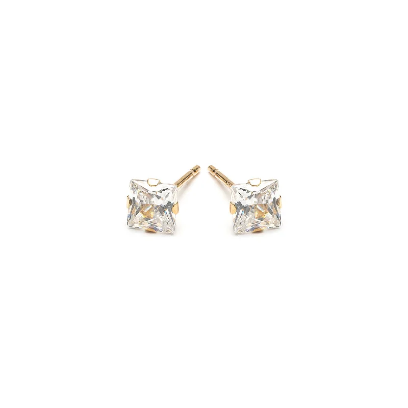 Elegant silver petal stud earrings -14k Gold Stud Earrings 4mm Square Zirconia