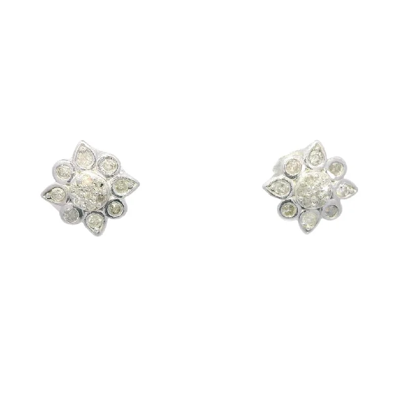 Modern diamond petal earrings for women -Sterling Silver Flower Natural Diamonds Earrings