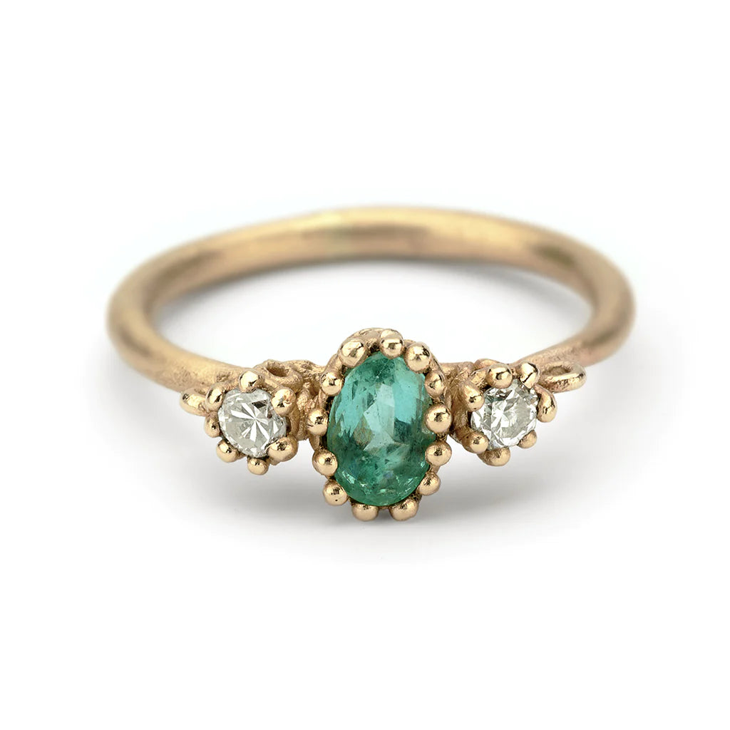 Ladies unique vine engagement rings -Emerald and Filigree Ring with Antique Diamonds