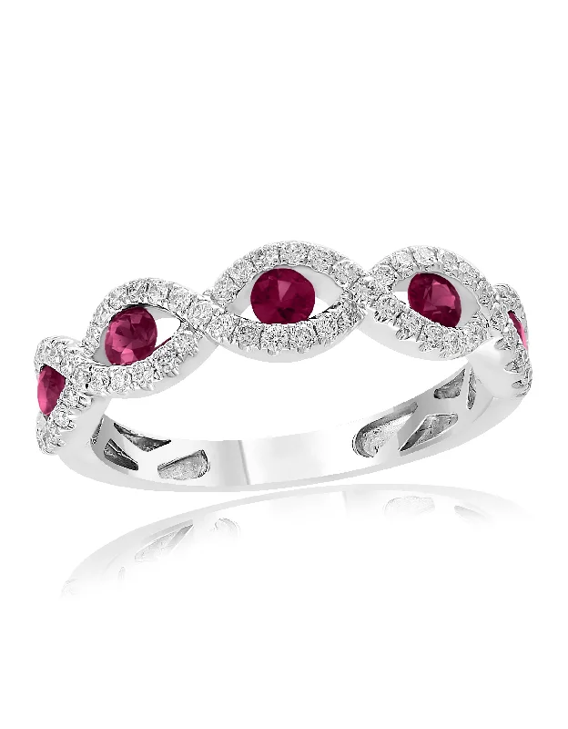 Ladies bold spiral engagement rings -Ruby and Diamond Openwork Band in 18k White Gold