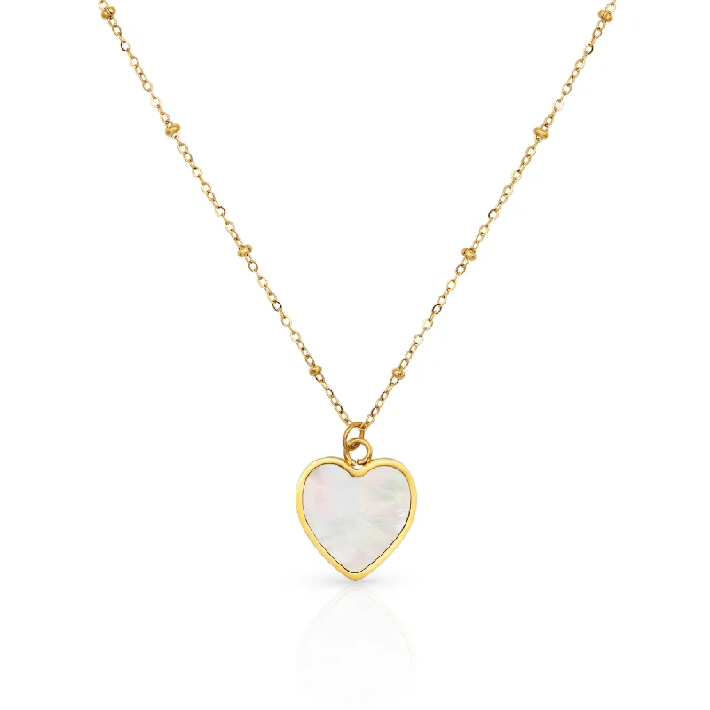 Simple diamond drop necklaces for women -Mother of Pearl Heart Gold Necklace