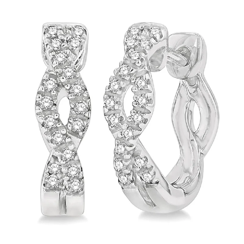 Ladies bold silver arc earrings -10K White Gold Swirl Petite Diamond Hoop Earrings