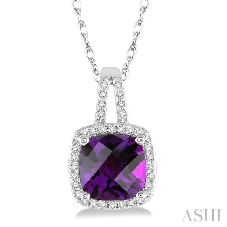 Elegant sapphire drop necklaces -8x8 MM Cushion Cut Amethyst and 1/5 Ctw Round Cut Diamond Pendant in 10K White Gold with Chain