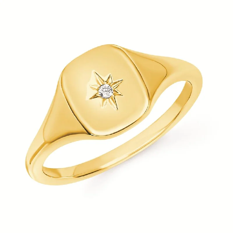 Ladies elegant lapis halo engagement rings -14K Yellow Gold 0.02ctw Diamond Star Signet Ring