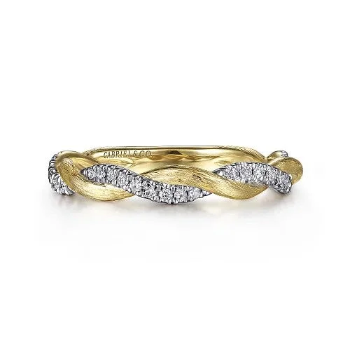 Ladies bold diamond petal engagement rings -14K Yellow Gold Twisted Diamond Stackable Ring