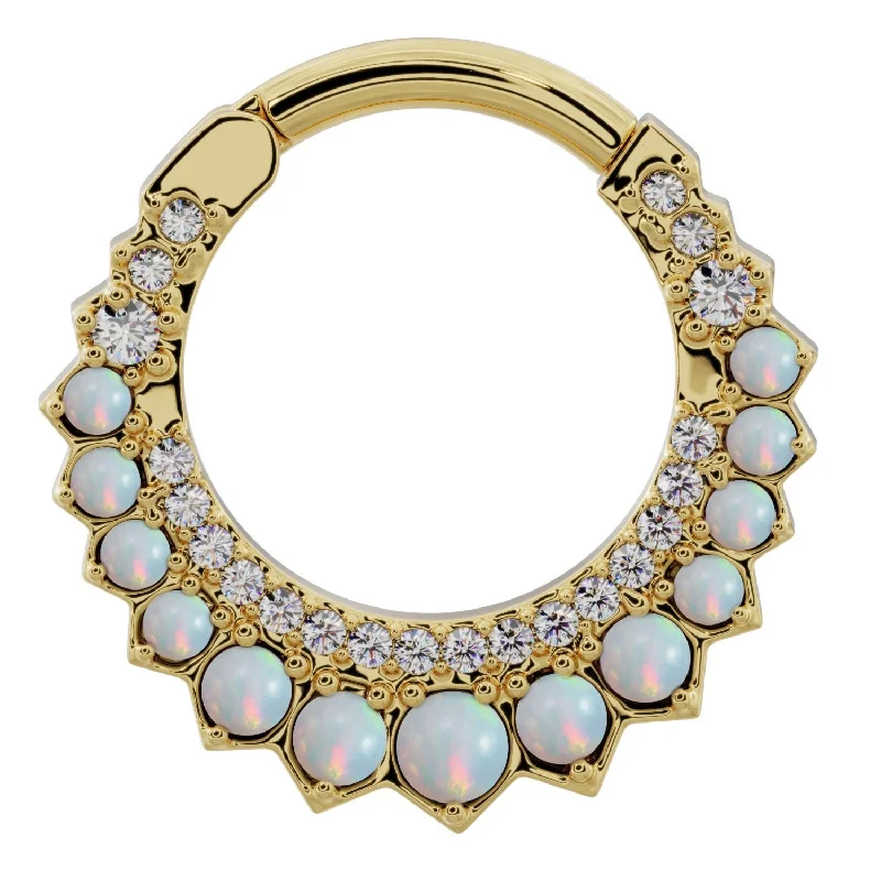 Vintage-inspired jade engagement rings -Opal & Diamond Moon 14k Gold Clicker Ring Hoop