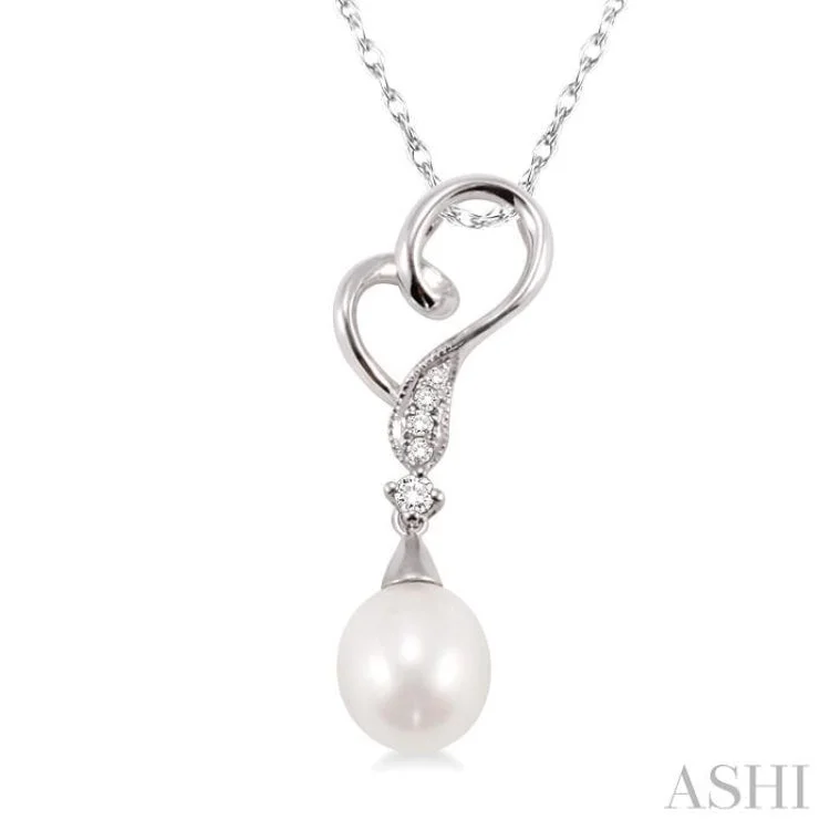 Ladies elegant onyx stone necklaces -9x7MM Briolette Cut Cultured Pearl and 1/20 Ctw Round Cut Diamond Drop Pendant in 10K White Gold with Chain