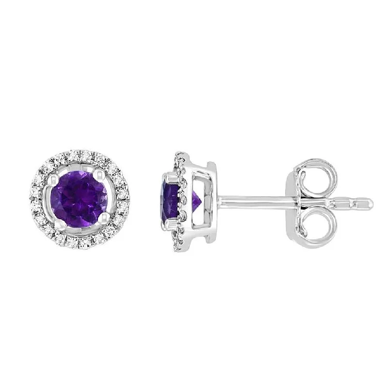 Delicate diamond spiral earrings for women -February Birthstone Earrings: 14K White Gold Diamond Halo Amethyst Earrings