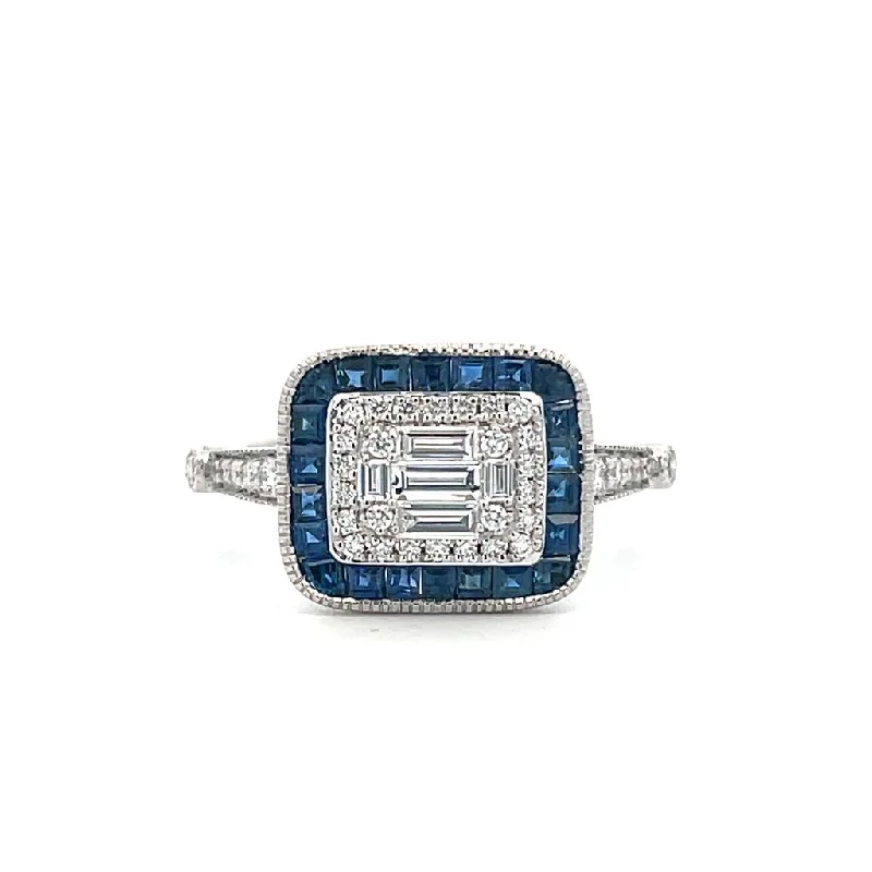 Elegant sapphire twist engagement rings -14K White Gold 1.24ctw Diamond & Blue Sapphire Antique Style Ring