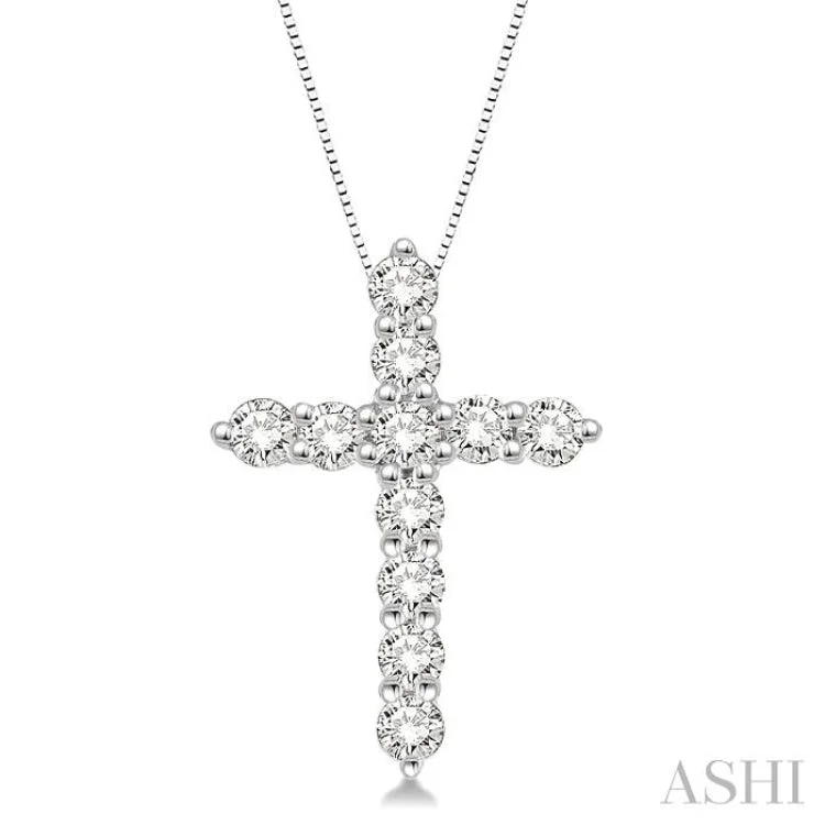 Modern diamond bar necklaces for women -3/4 Ctw Round Cut Diamond Cross Pendant in 14K White Gold with Chain