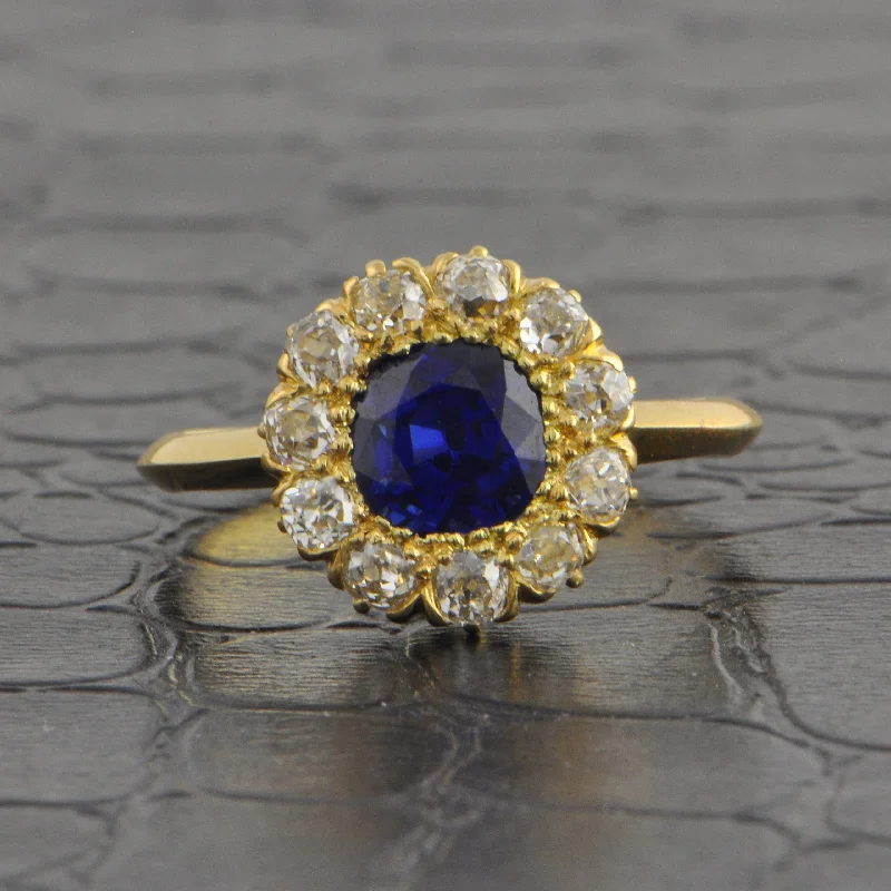 Ladies lightweight agate engagement rings -Antique Edwardian Sapphire and Old Mine Cut Diamond Cluster Ring in 18k Yellow Gold