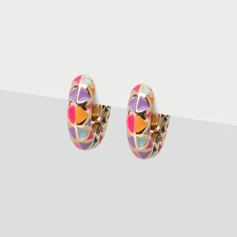 Ladies vintage quartz stud earrings -Rainbow Enamel Huggie Hoops