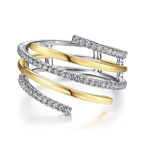 Trendy silver swirl engagement rings -14K White-Yellow Gold Plain and Diamond Row Statement Ring