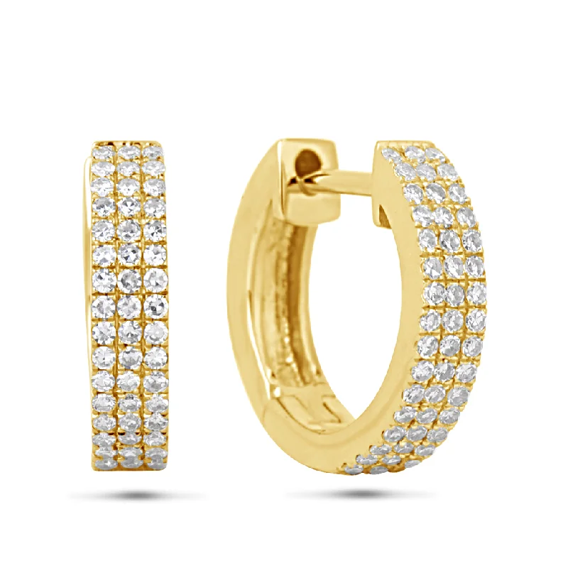 Ladies tribal-patterned hoop earrings -14K Yellow Gold Round Diamond Huggie Earrings