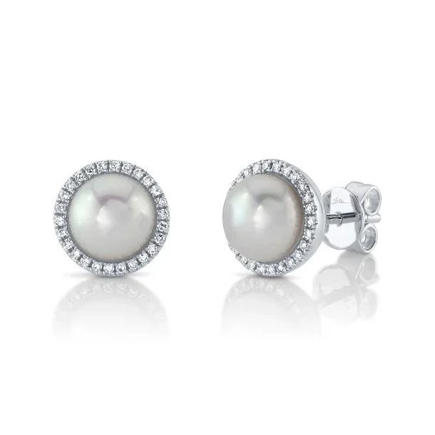 Ladies unique moon hoop earrings -Shy Creation Pearl and Diamond Halo Stud Earrings