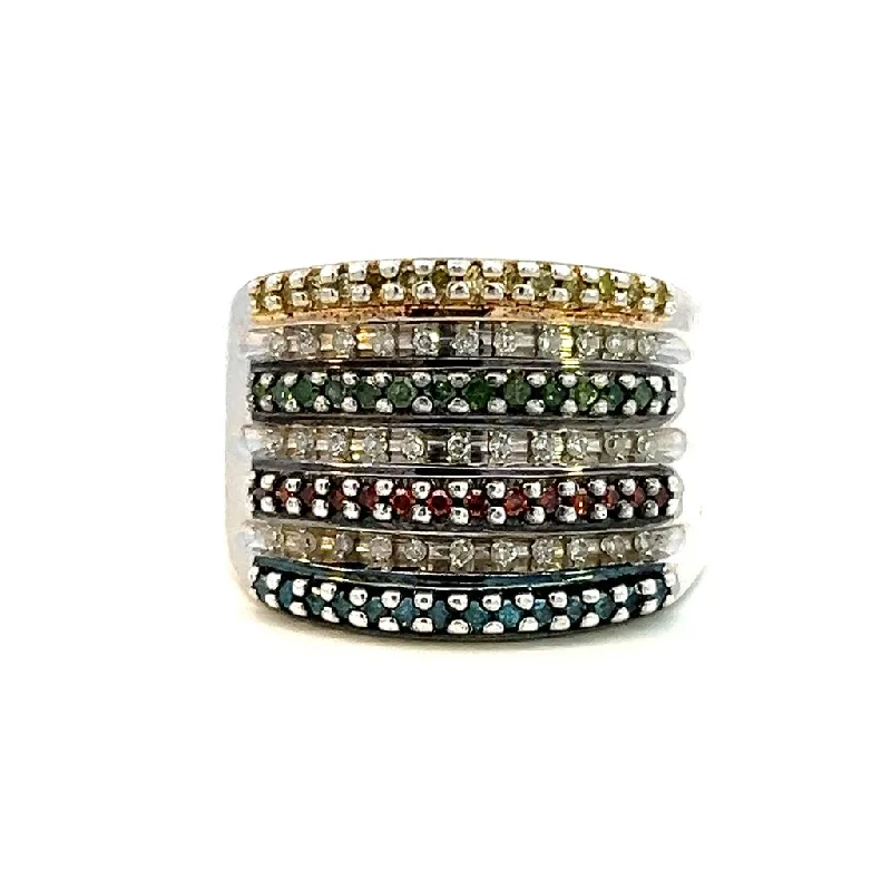 Delicate silver spiral engagement rings -Estate Sterling Silver 0.47ctw White Diamond & Colored Diamond Multi Row Ring