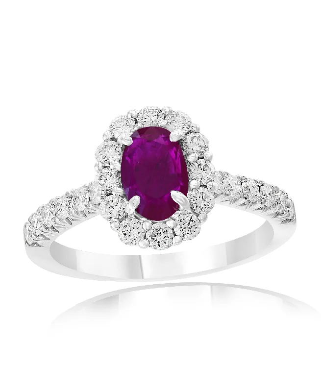 Modern platinum twist engagement rings -Ruby and Diamond Halo Ring in 18k White Gold