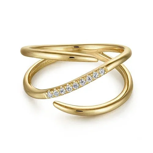 Ladies shimmering onyx engagement rings -14K Yellow Gold Split Shank Pave Diamond Wrap Ring